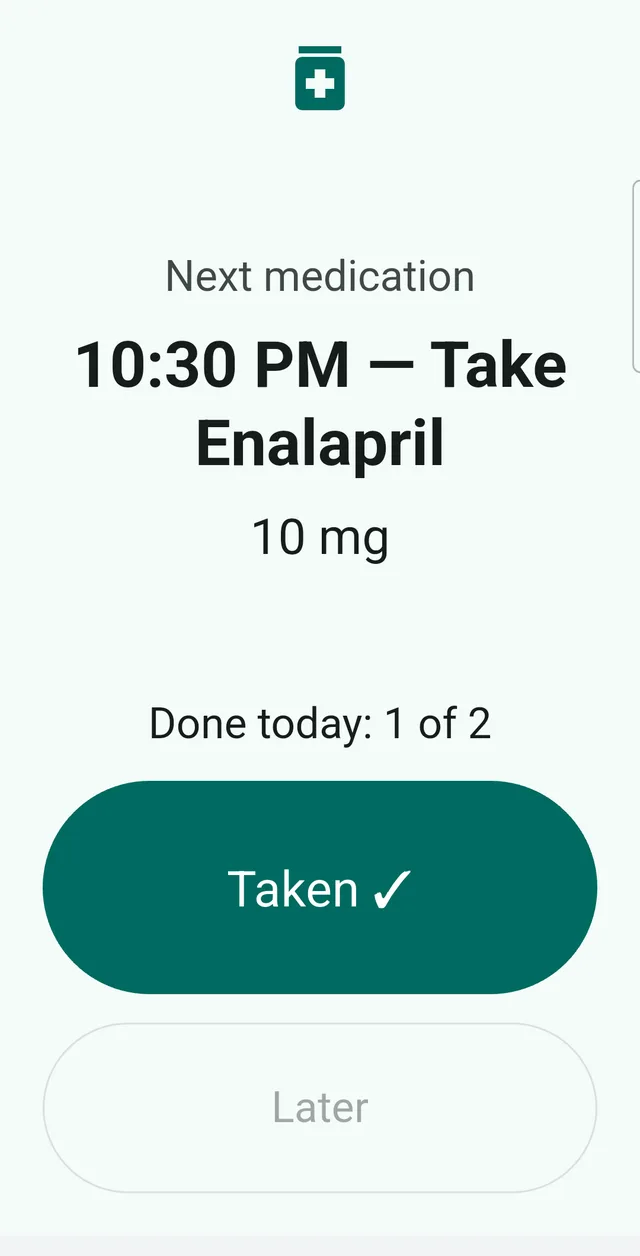 DoseBuddy elder mode: one medicine shown in very large text with the dose time, a photo of the package, and two full-width buttons labelled Take and Later.